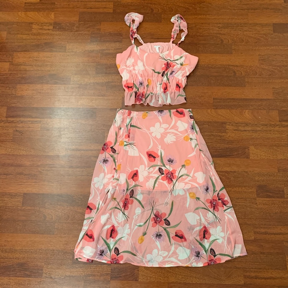 Two-piece pink floral skirt and top